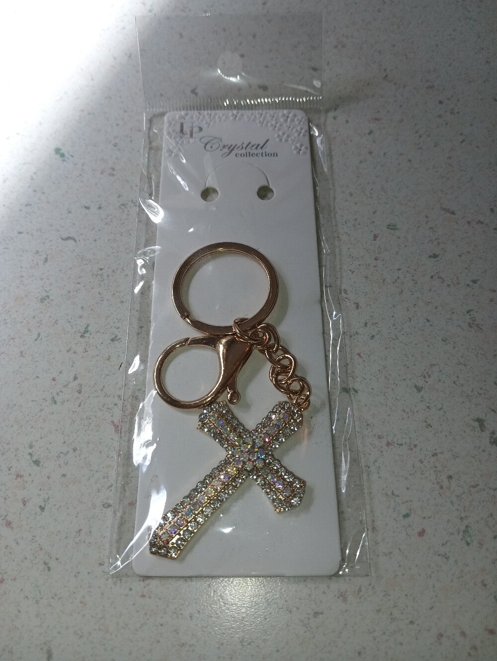 Rhinestone Cross Keychain - Gold Toned with Rhinestones
